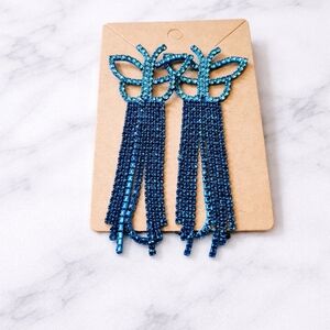 Blue Crystal Butterfly Tassel Earrings - Women's Jewelry